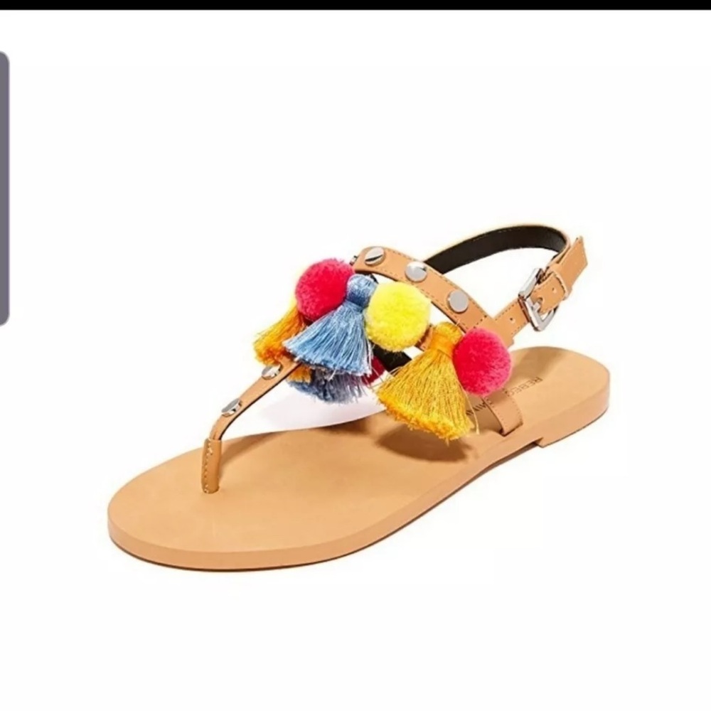 Rebecca Minkoff Estelle Pom Pom Tassel T Strap Slide Flat Buckle Sandal Sz 9 EUC